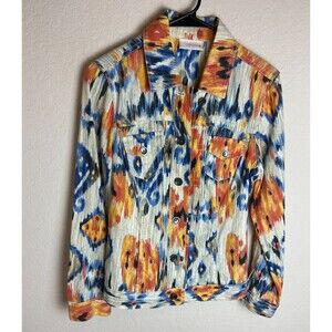 Chico's Womens Button Down Jacket Multicolor Aztec Collared Long Sleeve Size 0